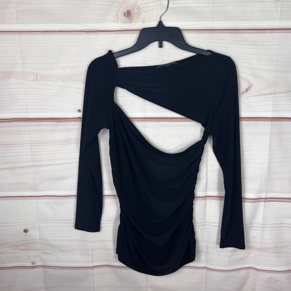 Boston Proper Top Women S Black Cutout Blouse Long Sleeve Ruched Side Solid Knit